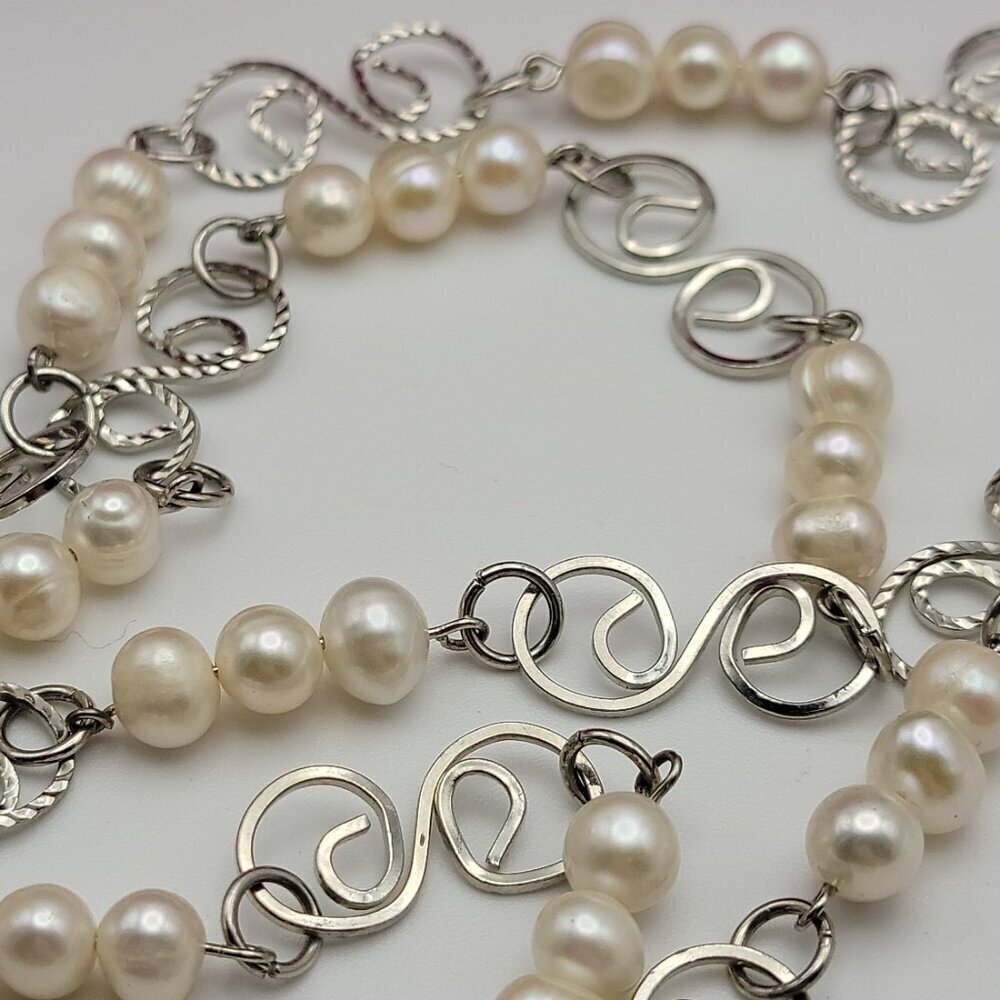 White Baroque Pearls Silver Tone Swirl Link Chain Necklace 38 In Long Continuous - Picture 2 of 3